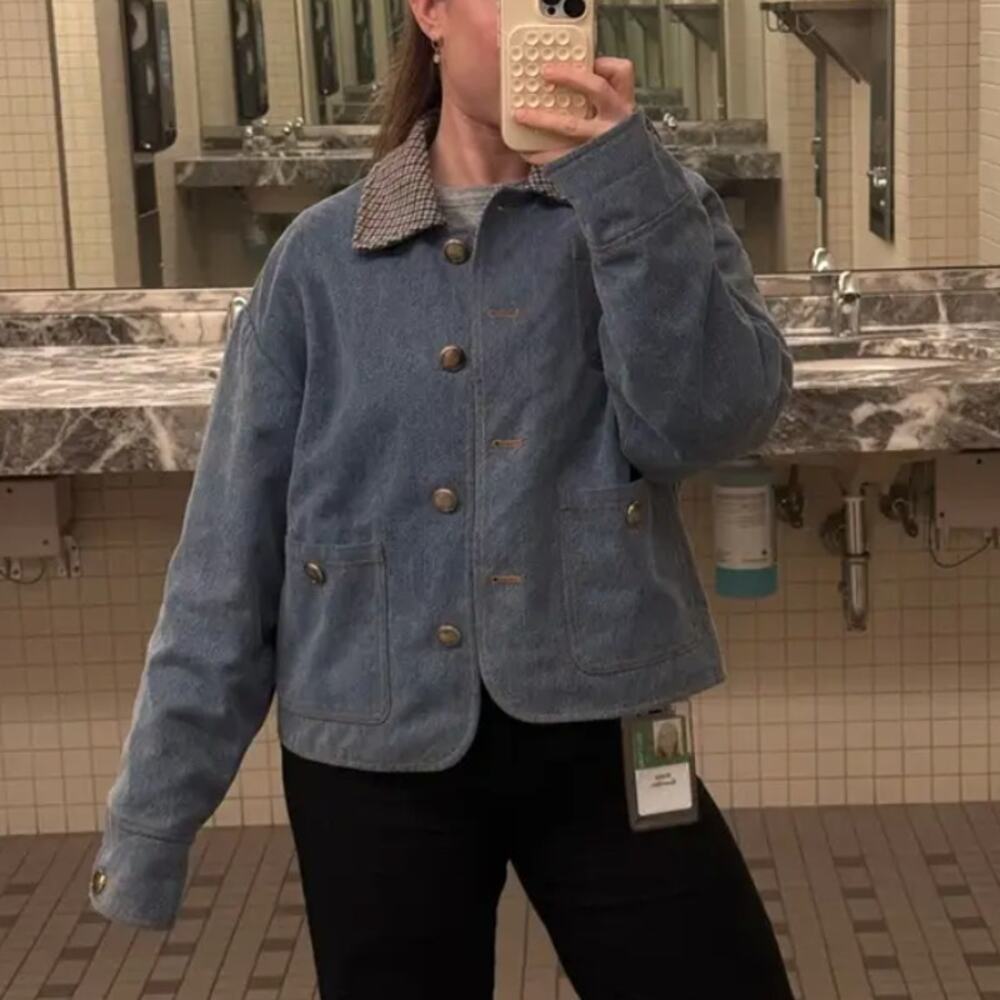 Sandro Denim Jacket SIZE 8 Oversized Barn Chore Coat Jean Tweed Designer $725 - Picture 7 of 12